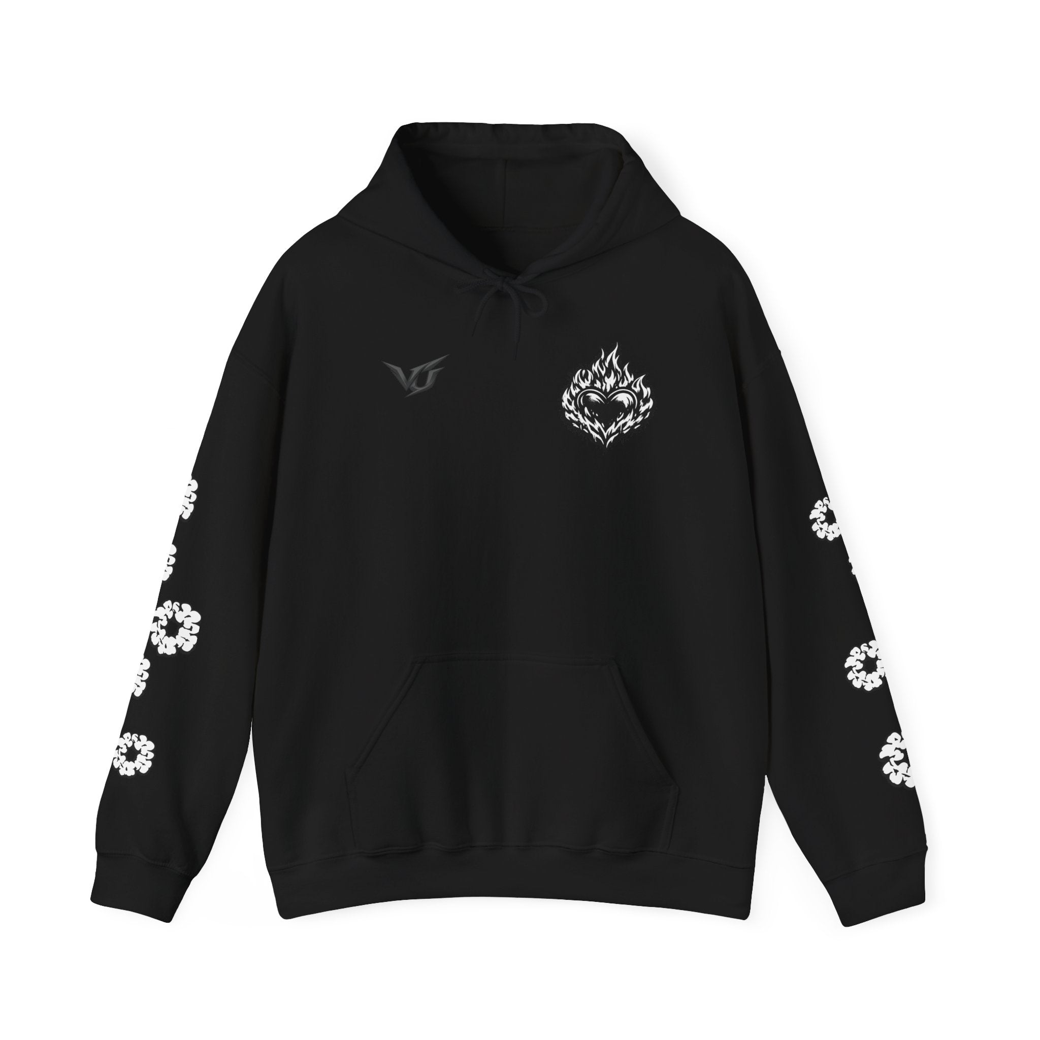 Number 69 Hoodie — White Graphic Pullover with Sleeve Emblems & Chest Logos