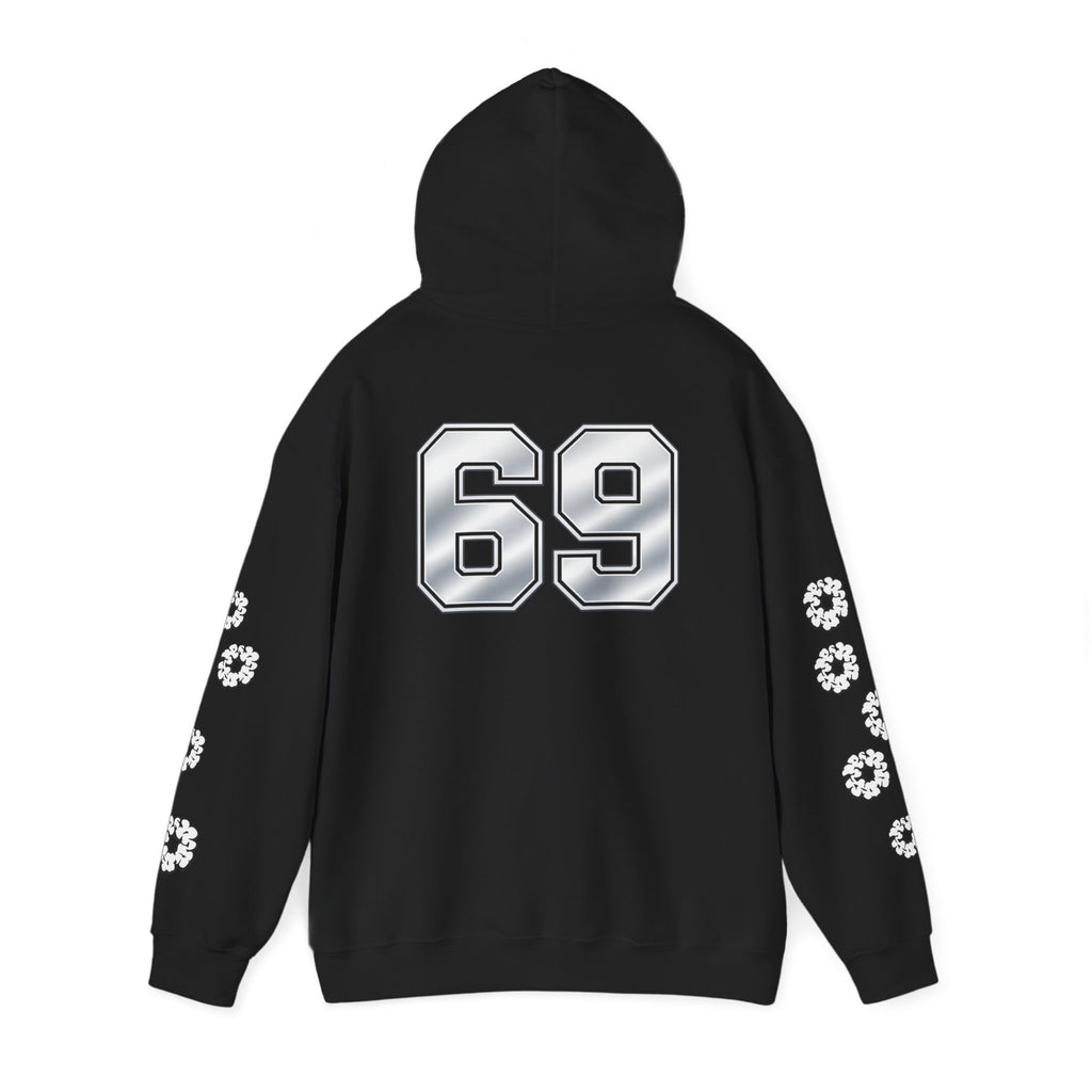 Number 69 Hoodie — White Graphic Pullover with Sleeve Emblems & Chest Logos