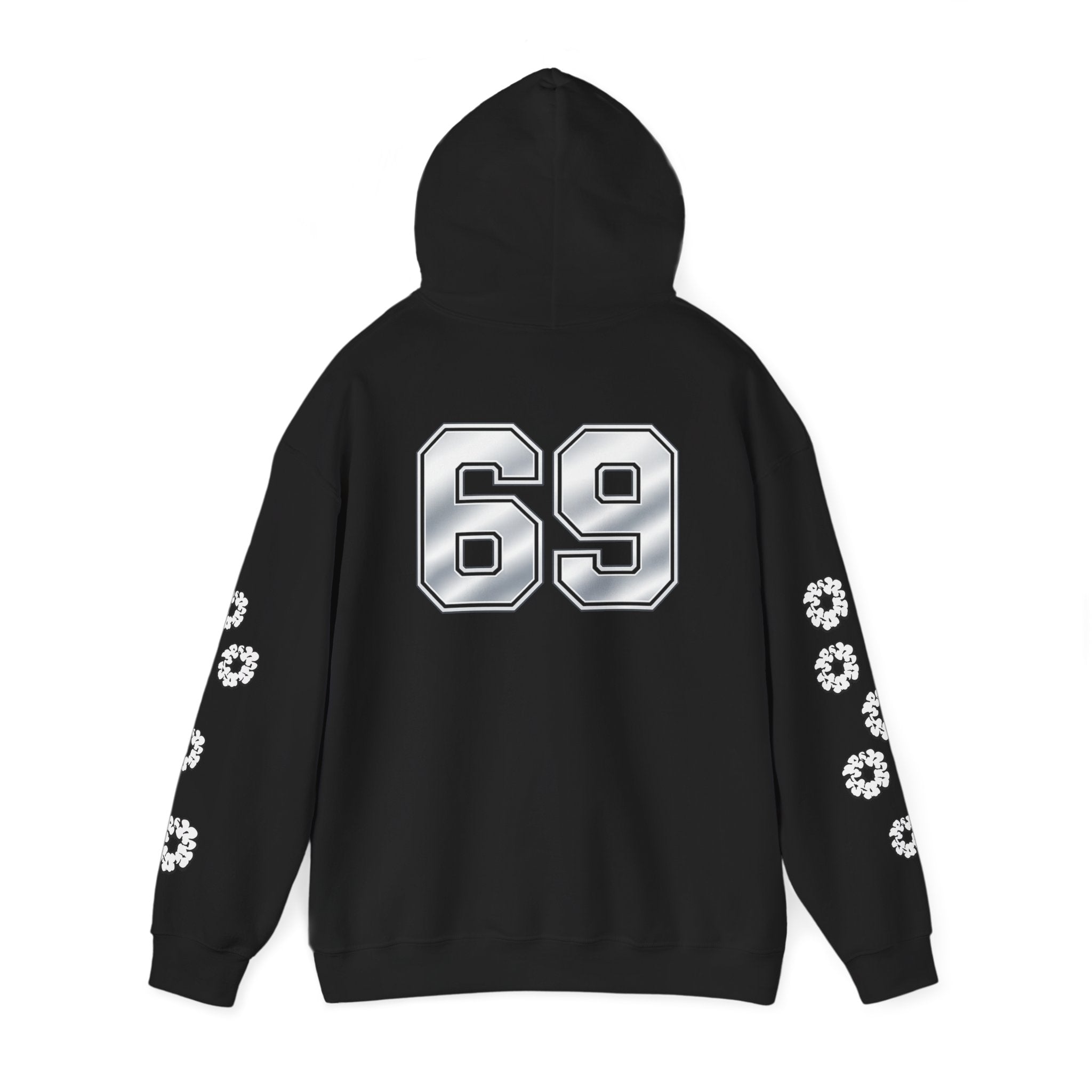 Number 69 Hoodie — White Graphic Pullover with Sleeve Emblems & Chest Logos