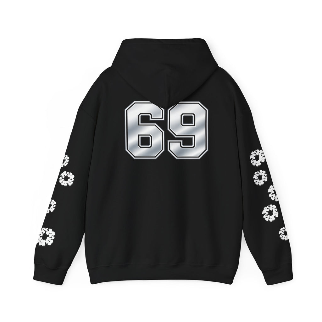 Number 69 Hoodie — White Graphic Pullover with Sleeve Emblems & Chest Logos