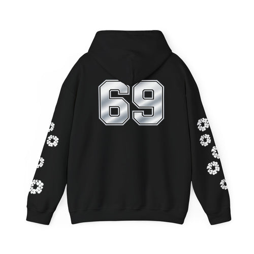 Number 69 Hoodie — White Graphic Pullover with Sleeve Emblems & Chest Logos
